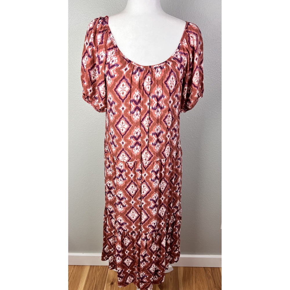 NWOT Knox Rose Women's Size XS Brown Geometric Puff Sleeve Boho Midi Shift Dress